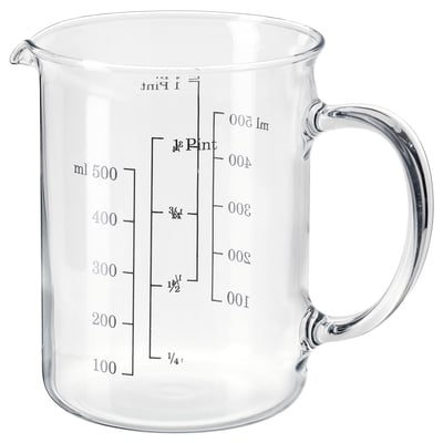 A VARDAGEN clear glass measuring jug, with markings for precise measurement. Its transparent, rectangular, with a handle for easy use.