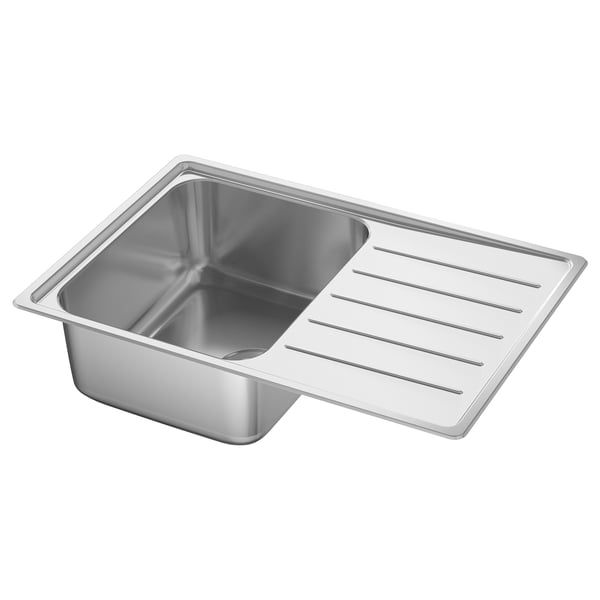 A stainless steel VATTUDALEN sink with a reversible drainboard. The sink is rectangular, sleek, and modern, designed for durability and easy cleaning.