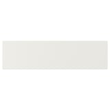 A white VEDDINGE kitchen cabinet. Its rectangular, smooth, and lacquered.
