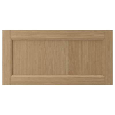 VEDHAMN natural oak drawer front, rectangular, solid wood frame with veneer panel.