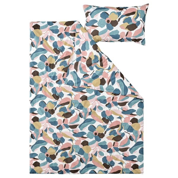 VIDEOXBÄR duvet set, pink/blue/green leaves on white, cotton/lyocell, includes cover & 1 pillowcase.