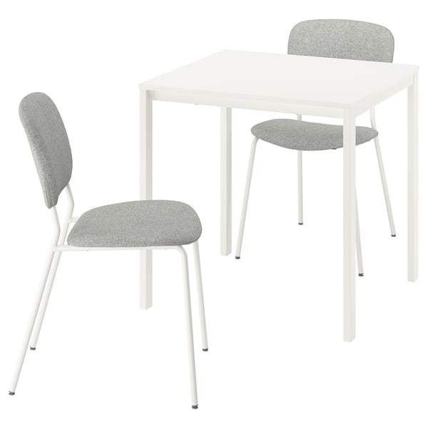 A small, white VIHALS dining set. It includes a square table and two chairs with grey, padded seats and backs. The design is modern and minimalist.
