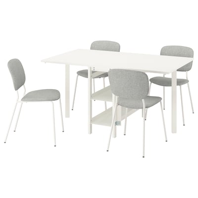 A white IKEA VIHALS dining set with a table and four grey chairs. The table has storage and adjustable size, while chairs have padded seats and backs.