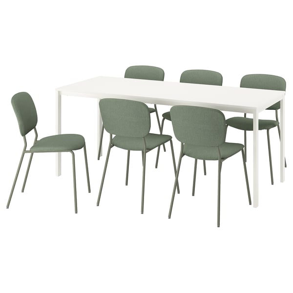 VIHALS white rectangular dining table with four green chairs, sleek design, sturdy metal legs, padded seats.