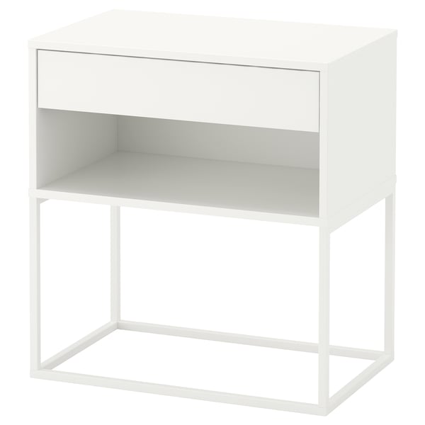 A white VIKHAMMER bedside table with a simple design, featuring a soft-close drawer and open storage shelf.