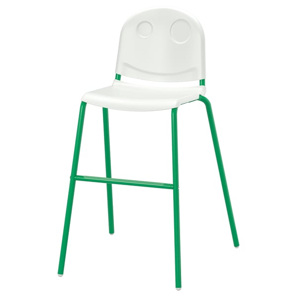 A white and green junior chair called VILDGÅS with a smiley face design, made for kids.