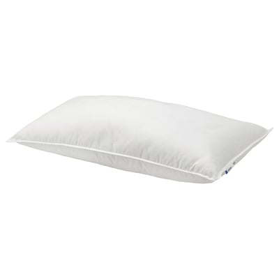 White VILDKORN pillow, rectangular with rounded edges. Soft, firm, and filled with recycled polyester.