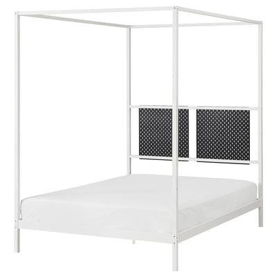 VITARNA white metal four-poster bed with peppercorn-patterned pegboard headboard, sturdy and modern design.