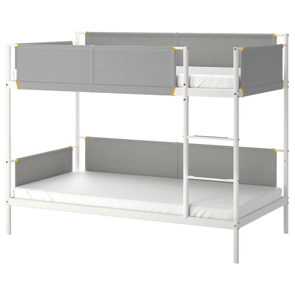 White bunk bed with grey fabric, soft edges and guardrails.
