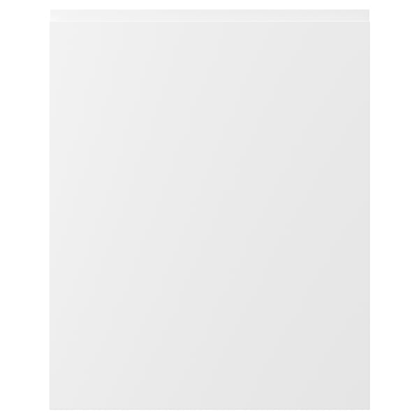 VOXTORP, matte white, smooth kitchen cabinet front, minimalist design, integrated handles, particle board material.