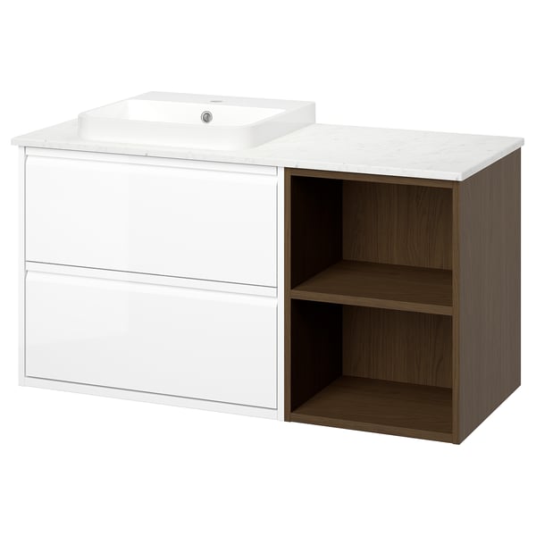 ÄNGSJÖN / BACKSJÖN Mueble de lavabo/lavabo, Alto brillo blanco/café ef roble/blanco efecto mármol, 125x55x72 cm