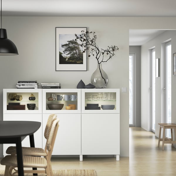 BESTÅ Almacenaje con puertas, blanco Lappviken/Sindvik vidrio transparente blanco, 180x42x112 cm
