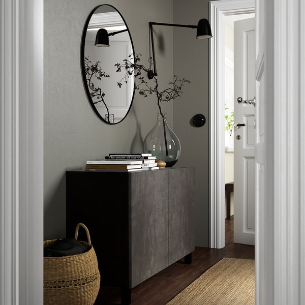 BESTÅ Almacenaje con puertas, negro-café Kallviken/Stubbarp/gris oscuro efecto cemento, 120x42x74 cm