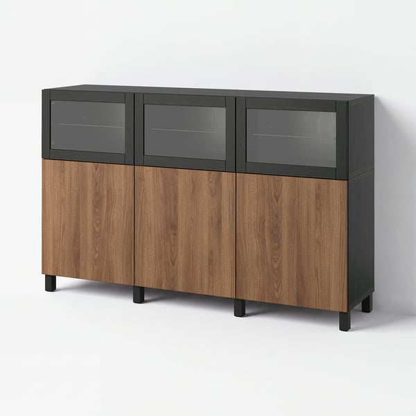 BESTÅ Almacenaje con puertas, negro-café Lappviken/café efecto nogal, 180x42x112 cm