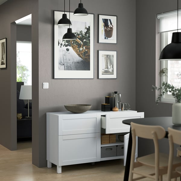 BESTÅ Comb almacenamiento c/prtas&cajones, blanco/Hanviken/Stubbarp blanco, 120x42x74 cm