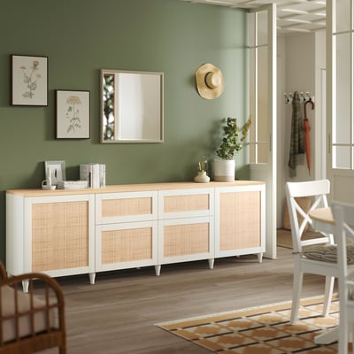 BESTÅ Combinación de almacenamiento, blanco/Studsviken álamo negro, 240x42x76 cm