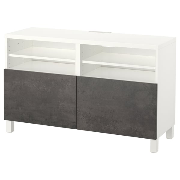 BESTÅ Mueble de TV con puertas, blanco Kallviken/Stubbarp/gris oscuro efecto cemento, 120x42x74 cm