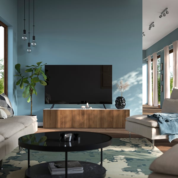BESTÅ Mueble de TV con puertas, blanco Lappviken/café efecto nogal, 180x42x38 cm
