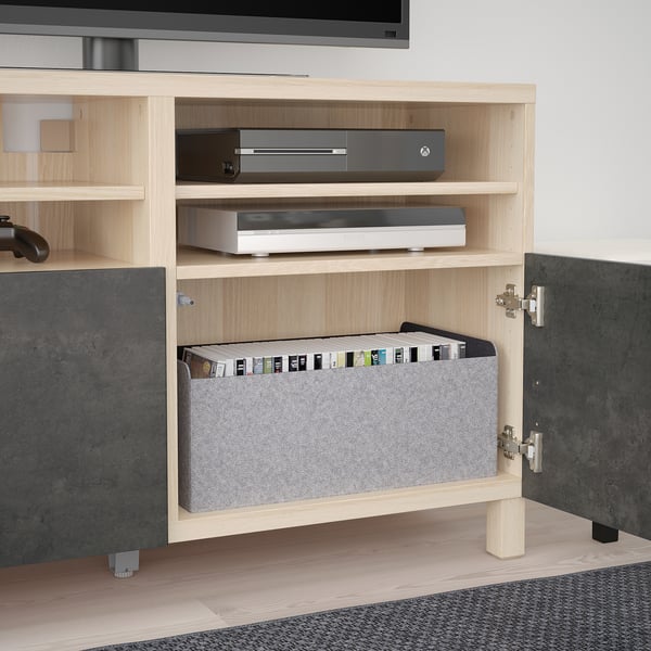 BESTÅ Mueble de TV con puertas, efecto roble tinte blanco Kallviken/Stubbarp/gris oscuro efecto cemento, 120x42x74 cm