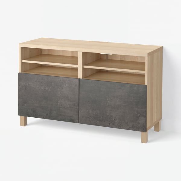 BESTÅ Mueble de TV con puertas, efecto roble tinte blanco Kallviken/Stubbarp/gris oscuro efecto cemento, 120x42x74 cm