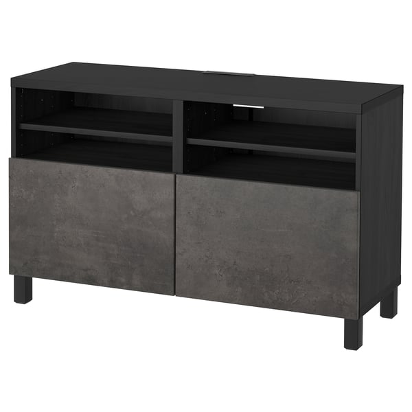 BESTÅ Mueble de TV con puertas, negro-café Kallviken/Stubbarp/gris oscuro efecto cemento, 120x42x74 cm