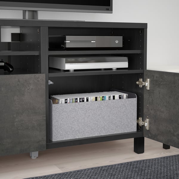 BESTÅ Mueble de TV con puertas, negro-café Kallviken/Stubbarp/gris oscuro efecto cemento, 120x42x74 cm