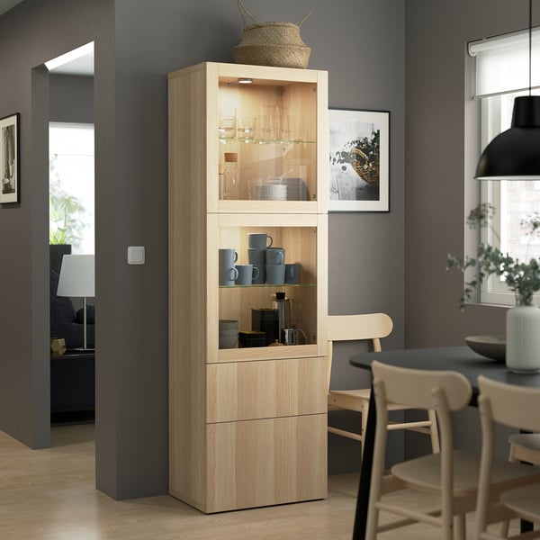 BESTÅ Vitrina, efecto roble tinte blanco/Lappviken ef roble tinte bl vidr incol, 60x42x193 cm