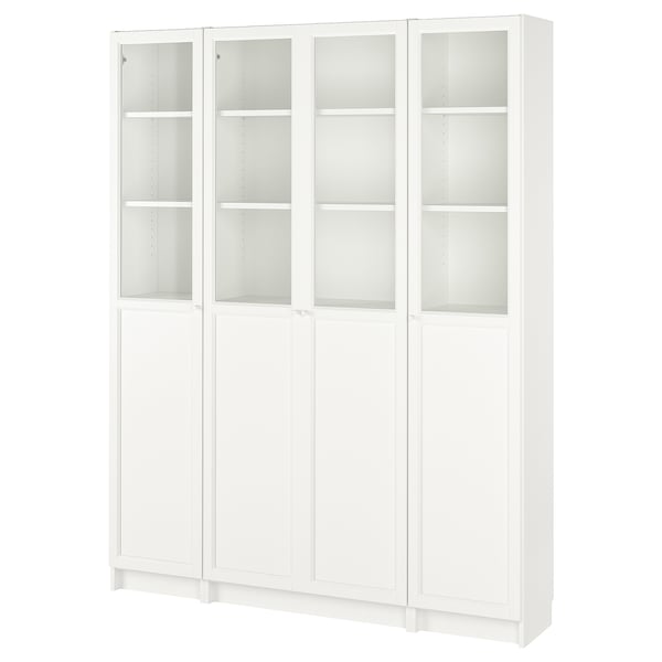 BILLY / OXBERG Combi libreros+panel/puert vidrio, blanco, 160x30x202 cm