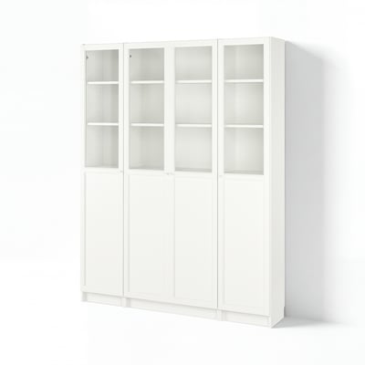 BILLY / OXBERG Combi libreros+panel/puert vidrio, blanco, 160x30x202 cm