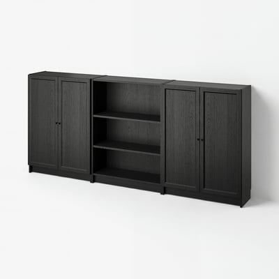 BILLY / OXBERG Combinación libreros con puertas, negro efecto roble, 240x30x106 cm