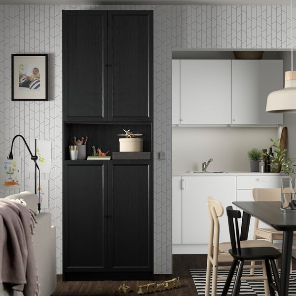 BILLY / OXBERG Librero+puertas/mód extens, negro efecto roble, 80x30x237 cm