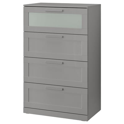 BRIMNES Cómoda de 4 cajones, gris/vidrio esmerilado, 78x46x124 cm
