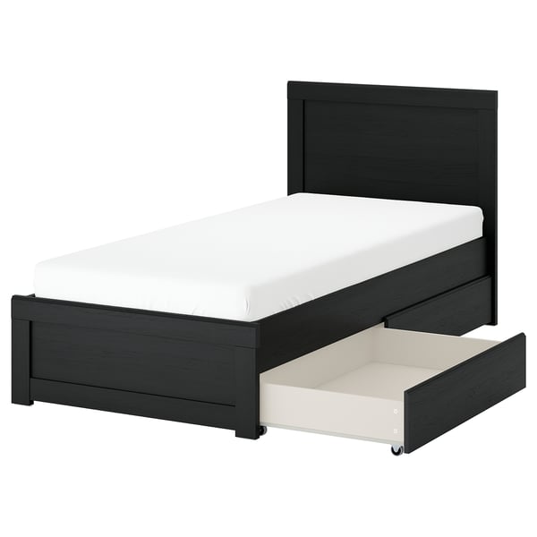 FÅGELFJÄLLET Base de cama con 2 cajas, negro efecto roble, Individual