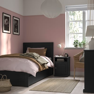FÅGELFJÄLLET Base de cama con 2 cajas, negro efecto roble, Individual