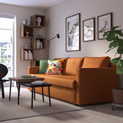 FRIHETEN Sofá-cama 3 asientos, Faringe café-naranja