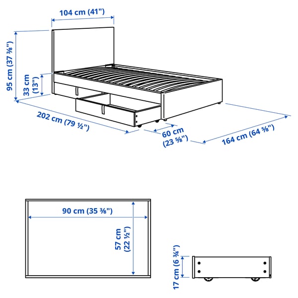 GLADSTAD Cama tapizada con 2 cajones, Kabusa gris claro, Individual