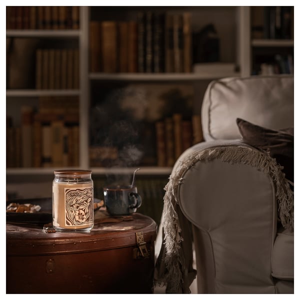 GLANSLIND Vela aromática+vaso+tapa/2 mechas, Ahumado+vainilla/beige claro, 100 hr
