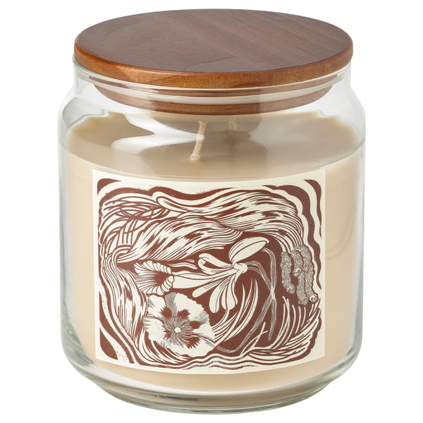 GLANSLIND Vela aromática+vaso+tapa/2 mechas, Ahumado+vainilla/beige claro, 70 hr