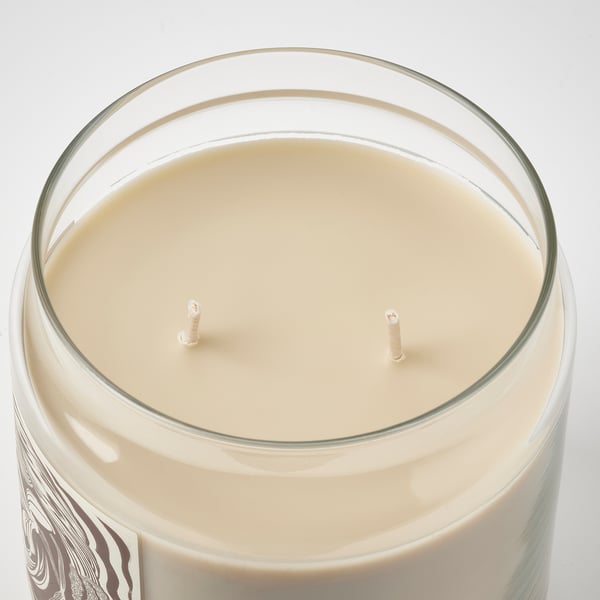 GLANSLIND Vela aromática+vaso+tapa/2 mechas, Ahumado+vainilla/beige claro, 70 hr