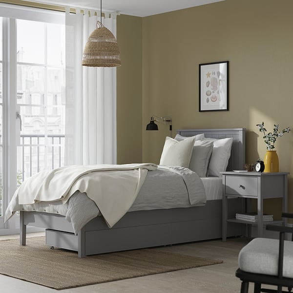 GULLABERG Base de cama con 2 cajas, gris, Individual
