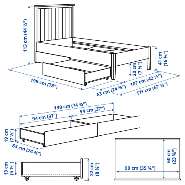 GULLABERG Base de cama con 2 cajas, gris, Individual