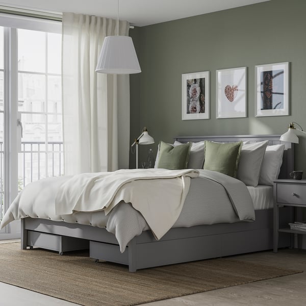GULLABERG Base de cama con 4 cajones, gris/Luröy, Queen