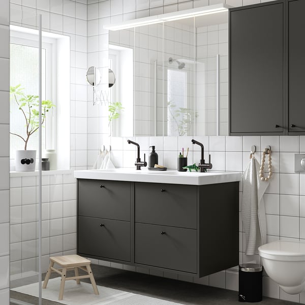 HAVBÄCK Gabinete de pared con puerta, gris oscuro, 46x15x94 cm