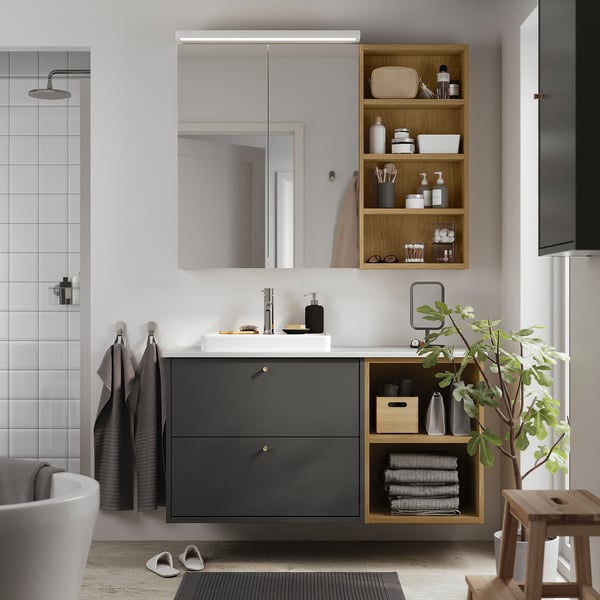 HAVBÄCK / ORRSJÖN Mueble de lavabo/lavabo, Efecto roble/gris oscuro/blanco efecto mármol, 125x55x72 cm