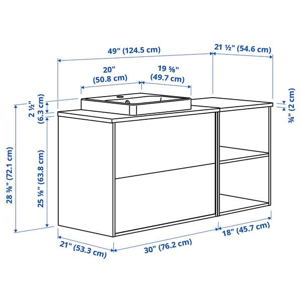 HAVBÄCK / ORRSJÖN Mueble de lavabo/lavabo, Efecto roble/gris oscuro/blanco efecto mármol, 125x55x72 cm