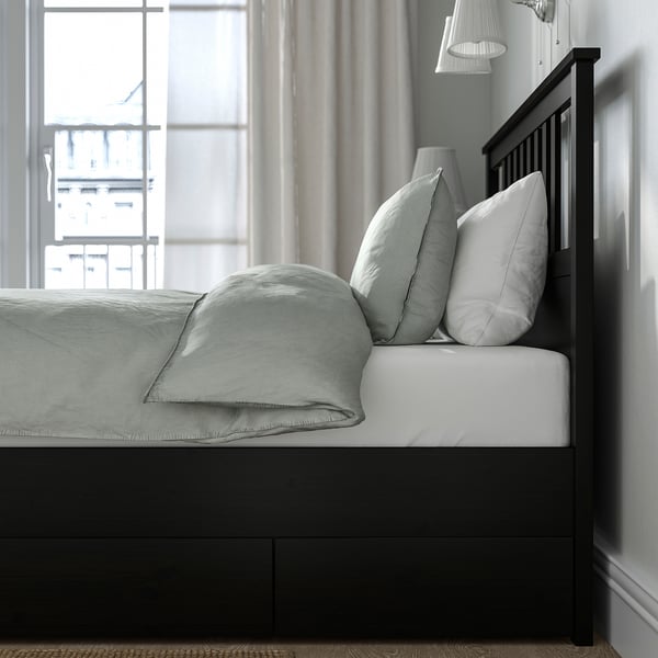 HEMNES Base de cama con 2 cajones, negro-café/Luröy, Queen