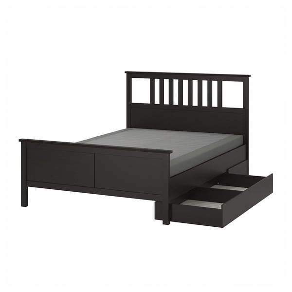 HEMNES Base de cama con 2 cajones, negro-café/Lyngör gris oscuro, King