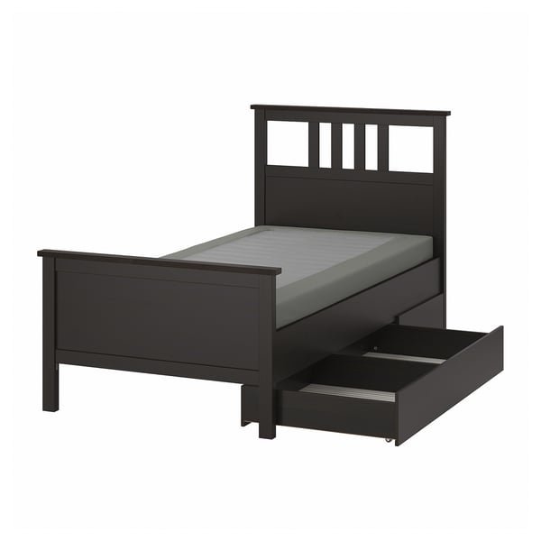 HEMNES Base de cama con 2 cajones, negro-café/Lyngör gris oscuro, Individual