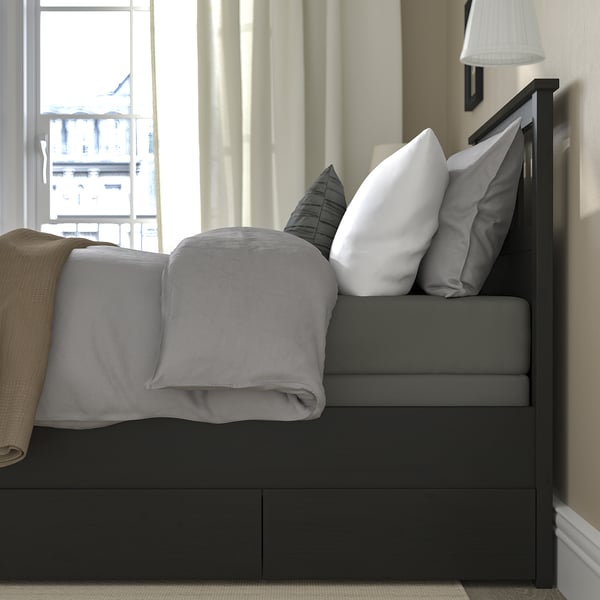 HEMNES Base de cama con 2 cajones, negro-café/Lyngör gris oscuro, Individual