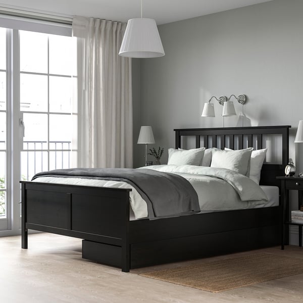 HEMNES Base de cama con 2 cajones, negro-café, Matrimonial